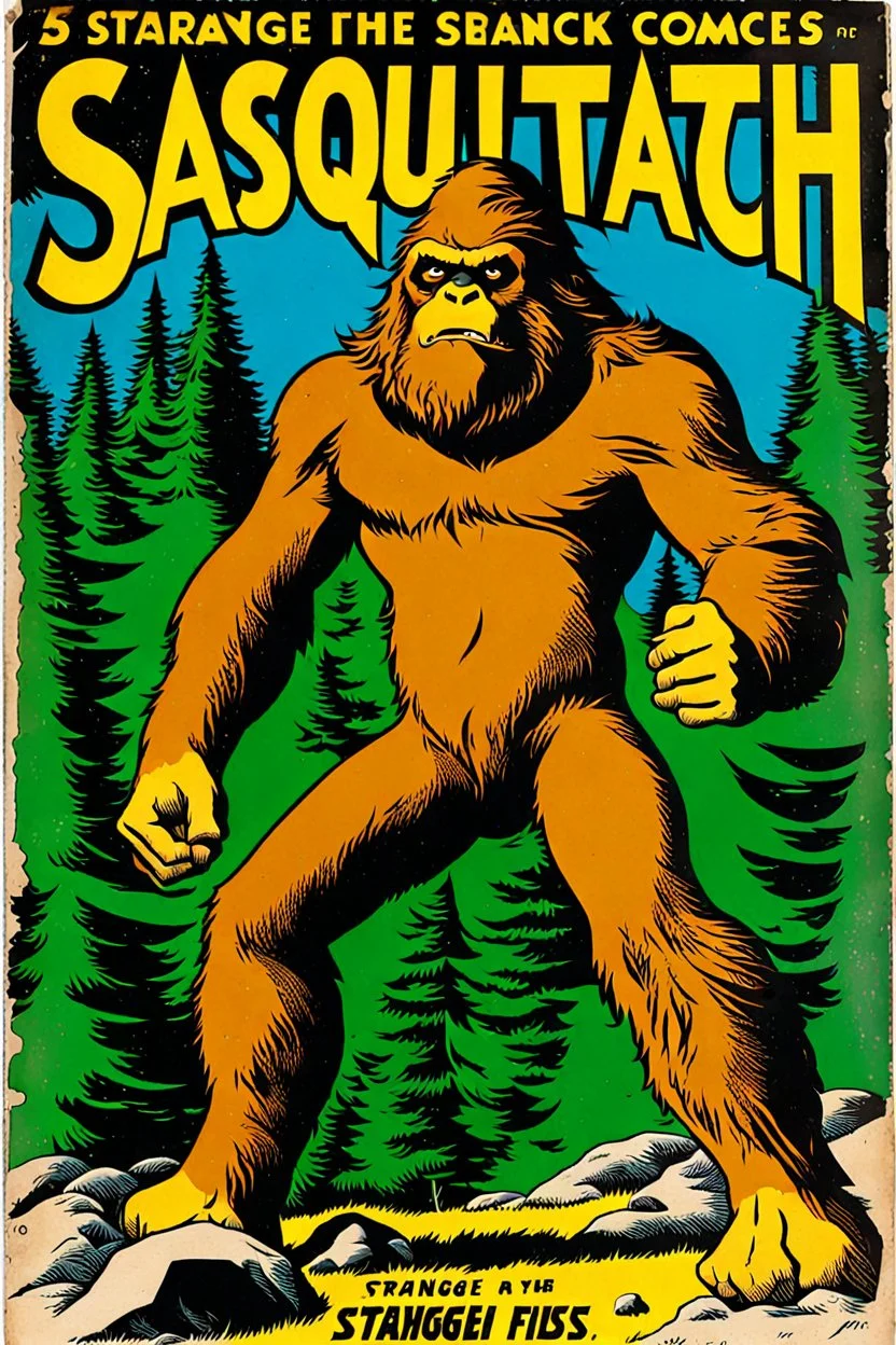 Vintage paper superhero comic book "sasquatch", strange brand comics, 25¢, accurate hands, throwing a rock in the forest, shiny paper, clenched fists