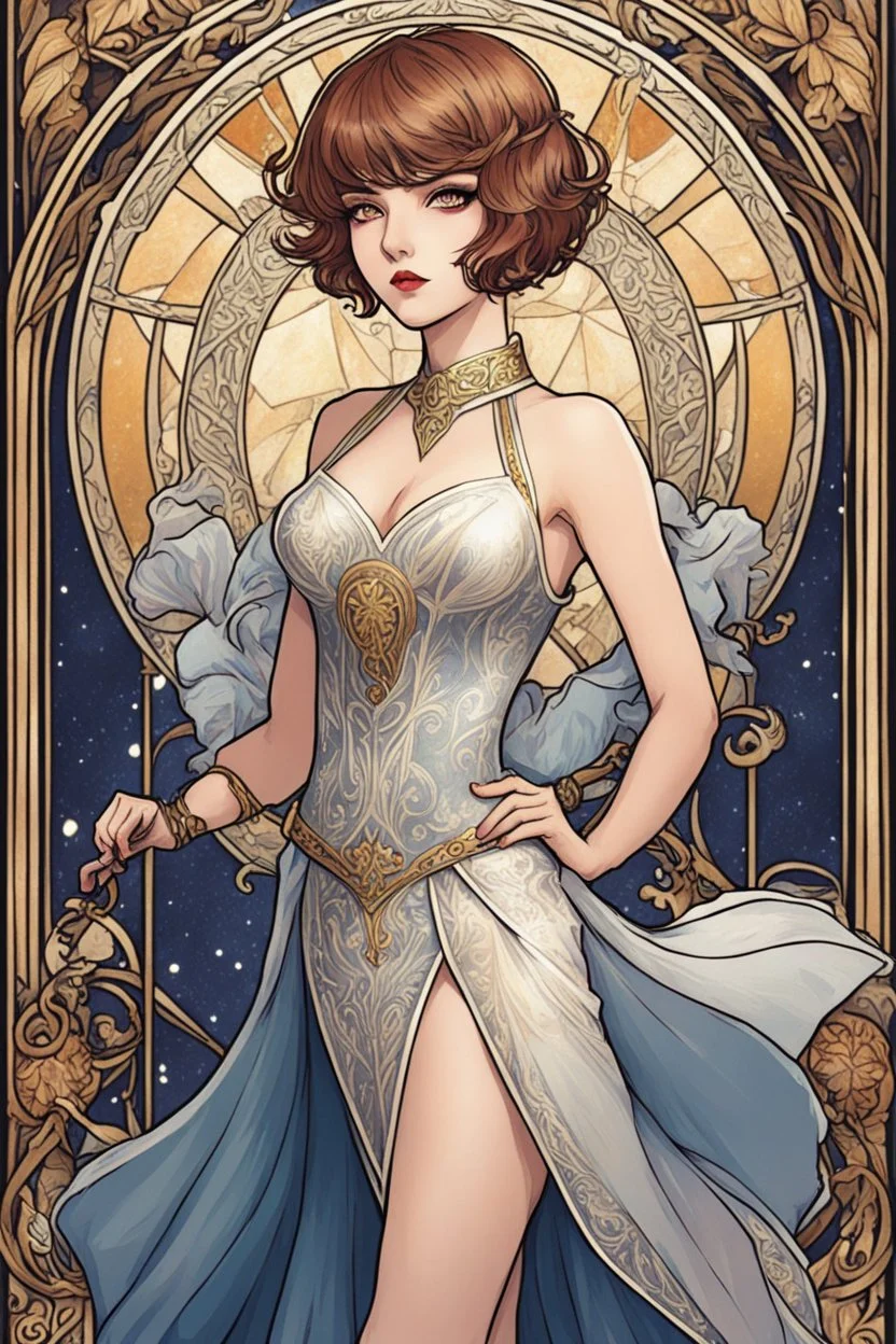 anime-like fierce Woman with short haircut in revealing dress - Tarot Card - Art Nouveau