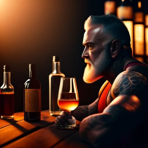 burly 60 year old man with short beard and tank top tattoo chooses a bottle in a cellar and wine bottles, look at camera, hyper realistic, Cinematic, 35mm lens, 35mm lens, f/1.8, accent lighting, global illumination