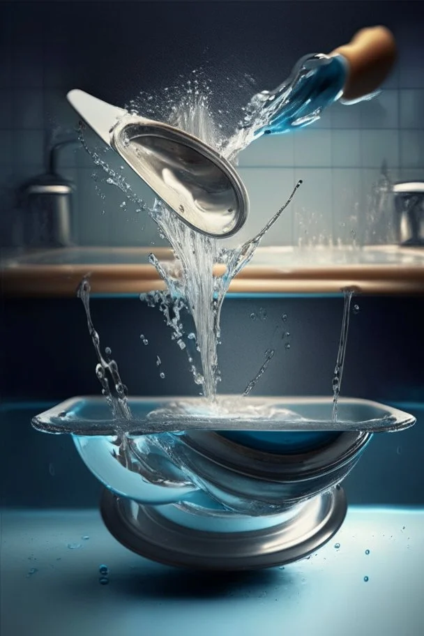 in focus, a jet of water flows into a spoon and splashes everywhere in a sink tray