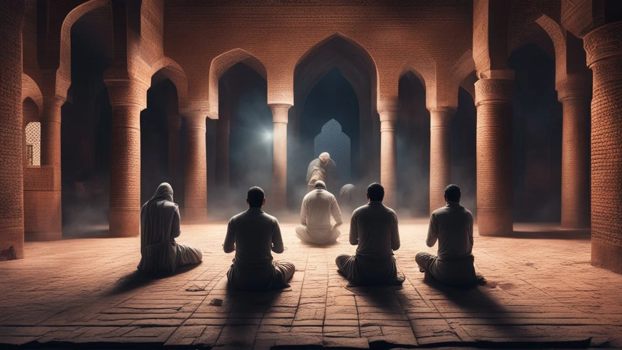 Hyper Realistic back-view of few-men-killing a man praying namaz with a sword inside a prehistoric-ancient-brick-mosque-with-ancient-islamic-architectural-patterns-crafted at night showing dramatic & cinematic ambiance