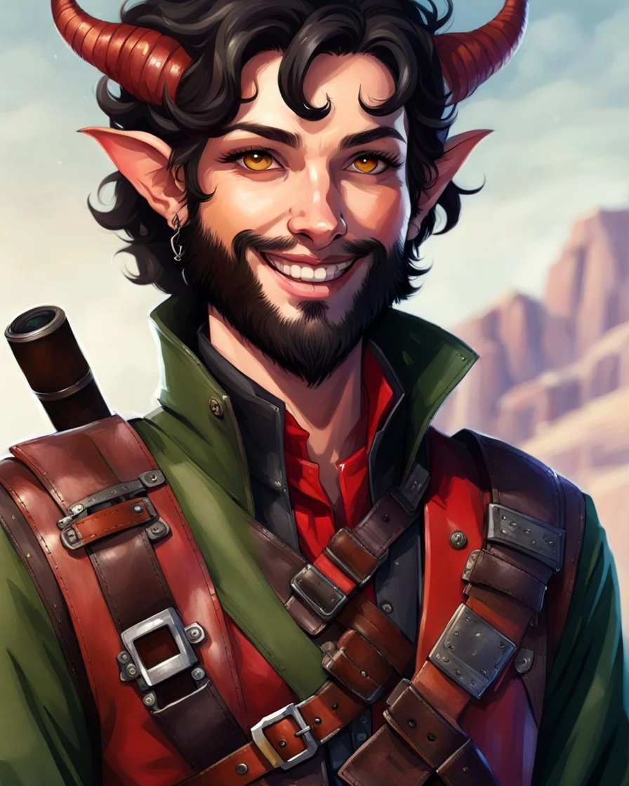 fantasy humanoid demon, tiefling horned, small ram horns, white skin, ashey complexion, rogue scoundrel happy go lucky, cheeky smile, gunslinger, pirate gear, yellow eyes, cat eyes, black neck length hair, short black beard, red jacket, leather ammo belt,