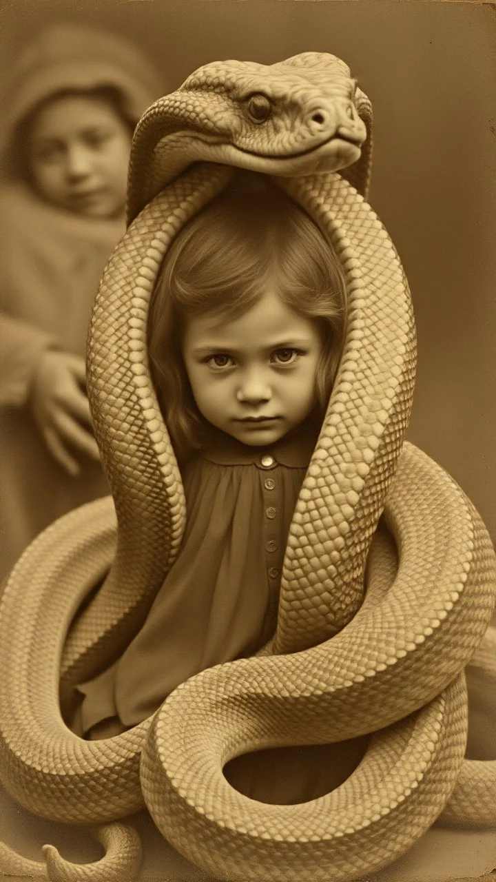 An old picture style of brown and white mono tone picture very bad quality looks very old camera picture of a girl surrounded snake with big head around her the year 1900