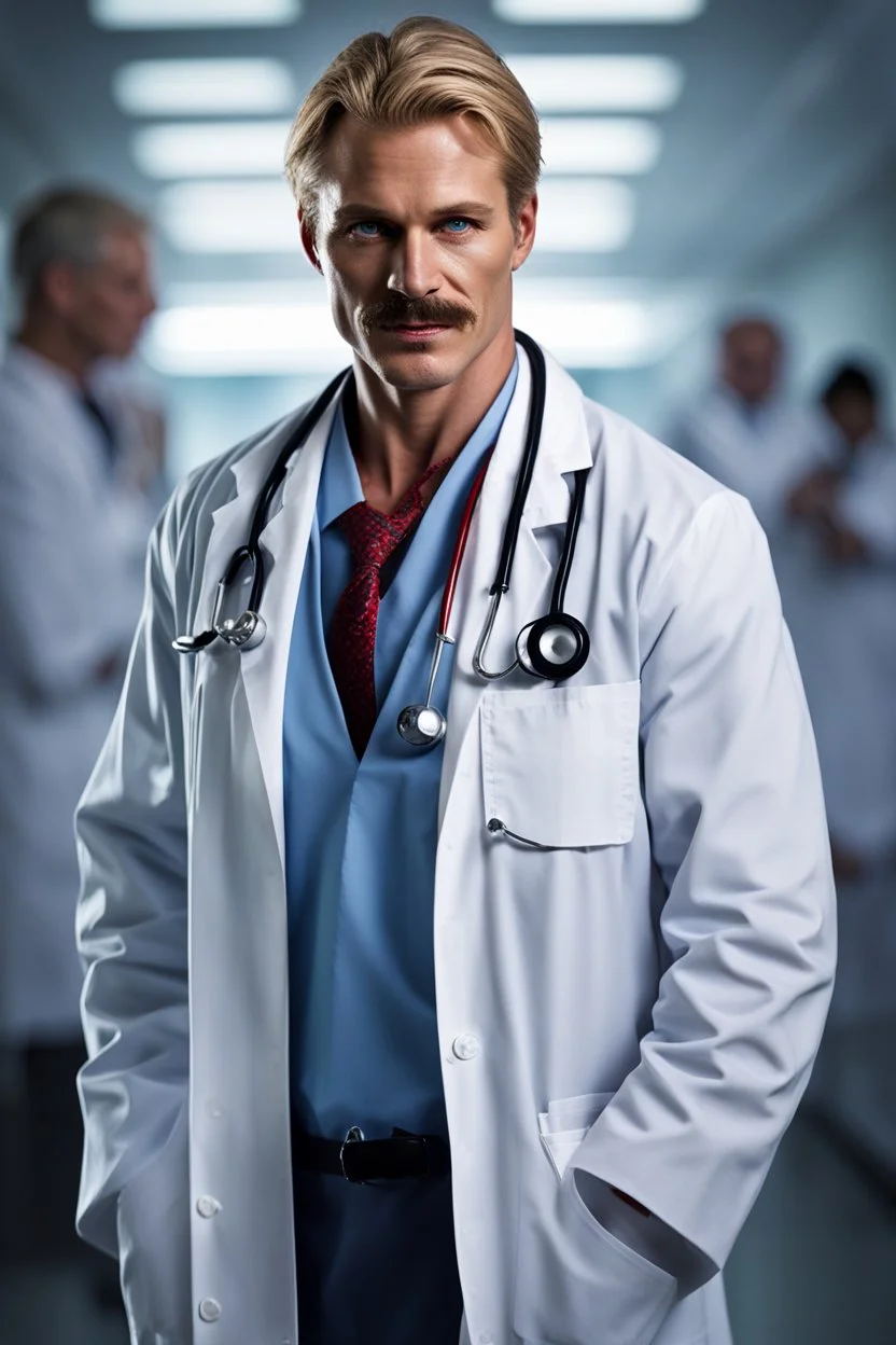 Mid-thirties, Caucasian male doctor, creepy smile, messy blonde hair, blonde thick mustache, pale blue eyes, broad shoulders, muscular, six foot, Hawaiian shirt under white lab coat, bloodstains at the edges of the lab coat. Strong Jaw line, surrounded by shadows, photo realistic