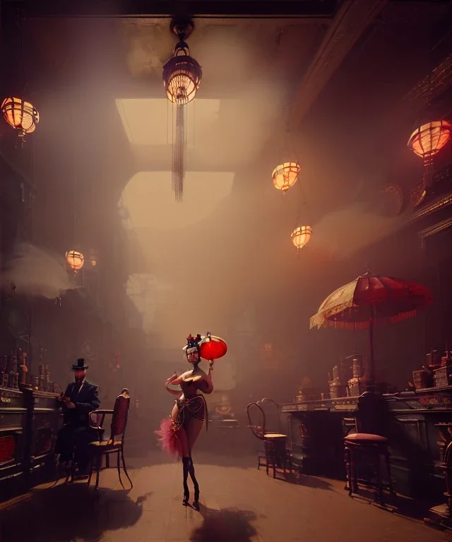 Surreal, steampunk , , cabaret scene. Geisha Asian woman. Fat old man, smoke, happy, hot, color fog, people background, highly detailed, concept art, unreal engine 5, god rays, ray tracing, RTX, lumen lighting, ultra detail, volumetric lighting, 3d, finely drawn, high definition, high resolution.