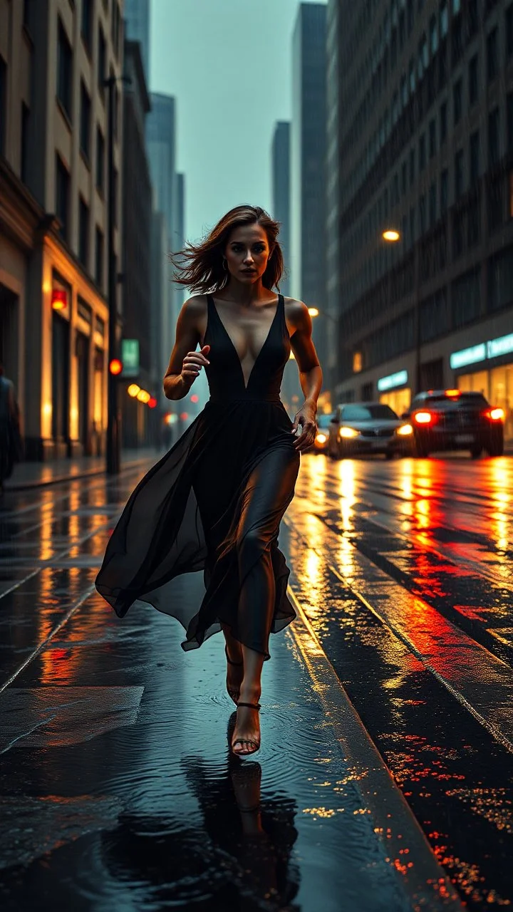 Female supermodel in elegant designer evening gown, running on wet, slippery city street at rainy night, with intense emotional expression, reminiscent of noir film stills, in the style of hyper-realistic digital artists like Simon Stalenhag, Ash Thorp, and Loish, with precise lighting and textures.