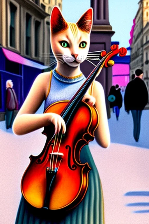 One single female cat playing violin on the street, Vienna, colours, smiling, model style, perfect iris, perfect violin, hyper realistic, extremely accurate, delicate, extremely detailed, Graphic novel style, wide-angle, open aperture, superfine pencil