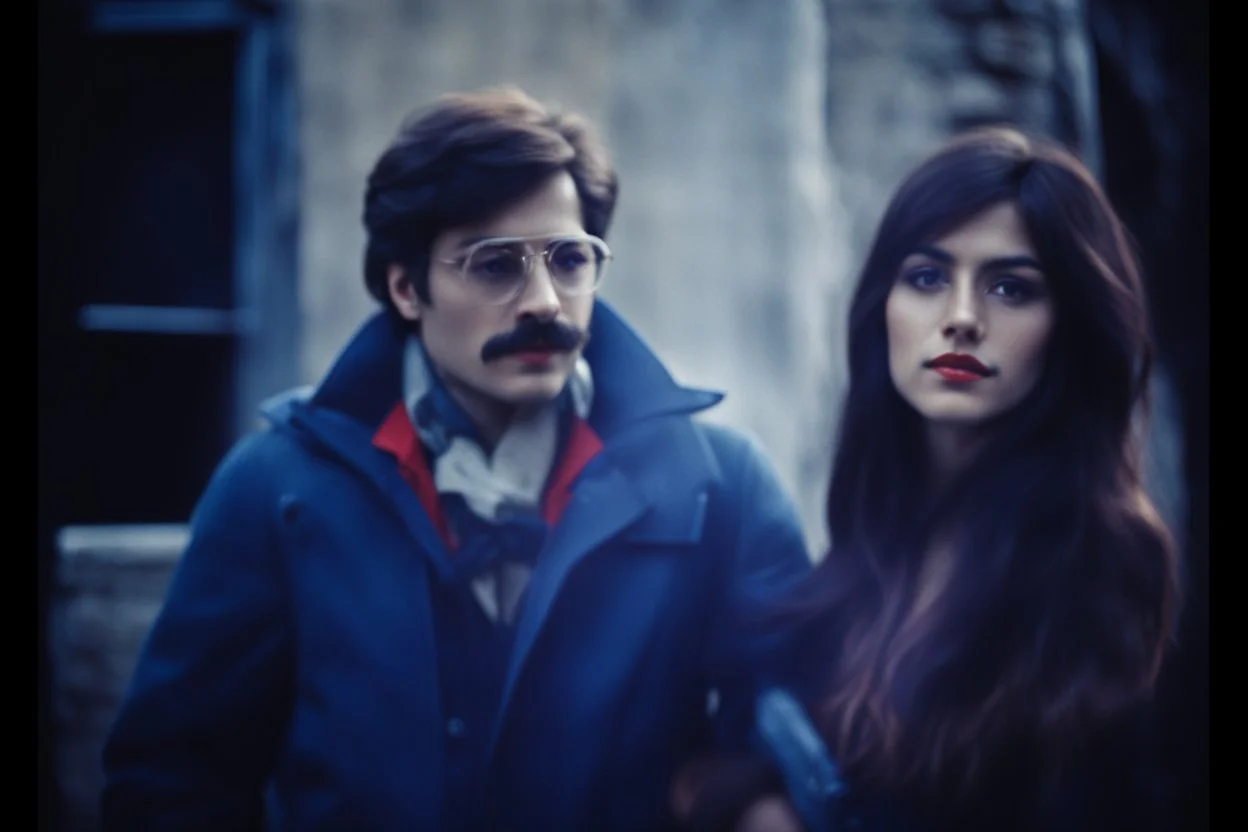 ayoung man and a beautiful woman standing next to each other, 1 9 7 0 s analog video, with mustache, assyrian, small glasses, cold scene, out of focus background, house on background, the woman has long dark hair, the photo shows a large, deiv calviz, before the final culling