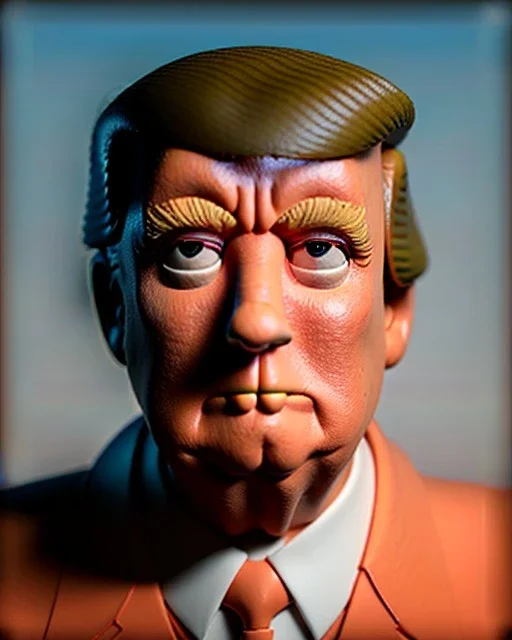 Waist up Portrait, Donald trump muppet, Wes Anderson style, photo studio, unreal engine 5, god lights, ray tracing, RTX, lumen lighting, ultra detail, volumetric lighting, 3d.