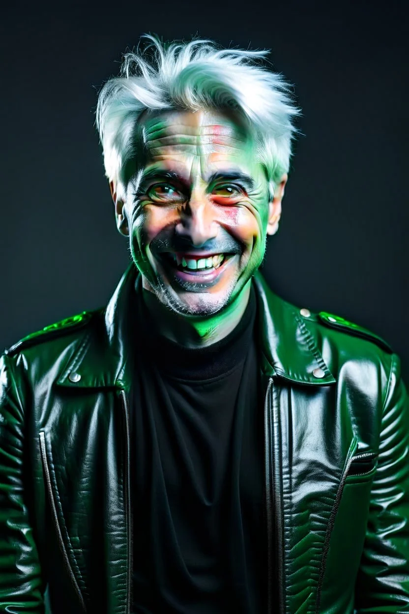 plauge doctor in balck leather coat and suit with silver hair, pale skin and bright green eyes smiling with sharp teeth, nice young face, male, viscious smile