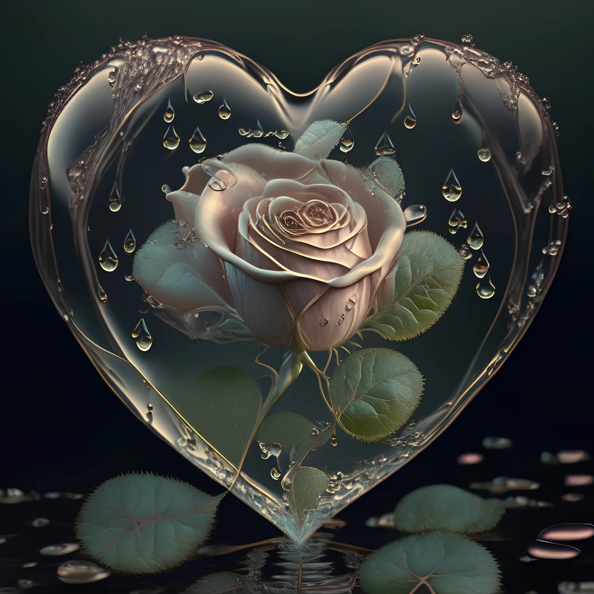 a large transparent heart with a beautiful tea rose with a print of small drops, outside the heart, close to the heart, a sprig of splendor myrtle, intricate work, 8k resolution