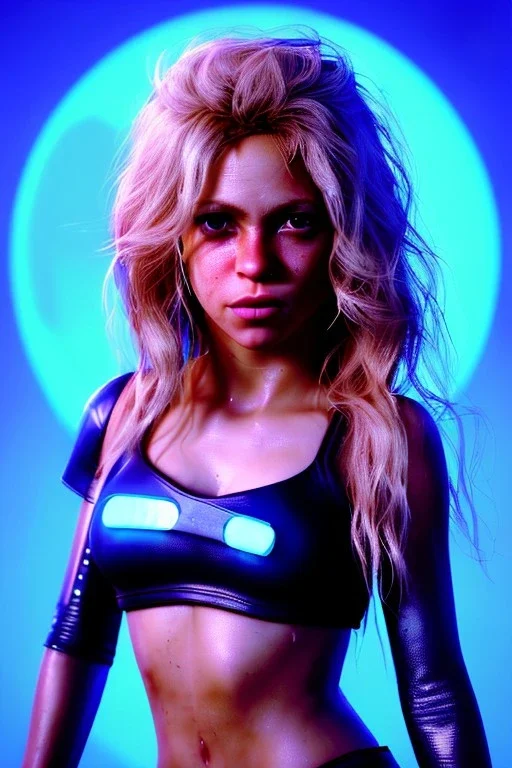 portrait, Shakira, blonde artist, angry, Realistic image, latex style dress. baseball bat, loose long hair, eyes make up, perfect, glow, circle iris. Neon colors, leds, geometric shapes. Dark background, photo studio, neon lights. Mad max, concept art, smooth, unreal engine 5, god lights, ray tracing, RTX, lumen lighting, ultra detail, volumetric lighting, 3d, finely drawn, high definition, 4k.