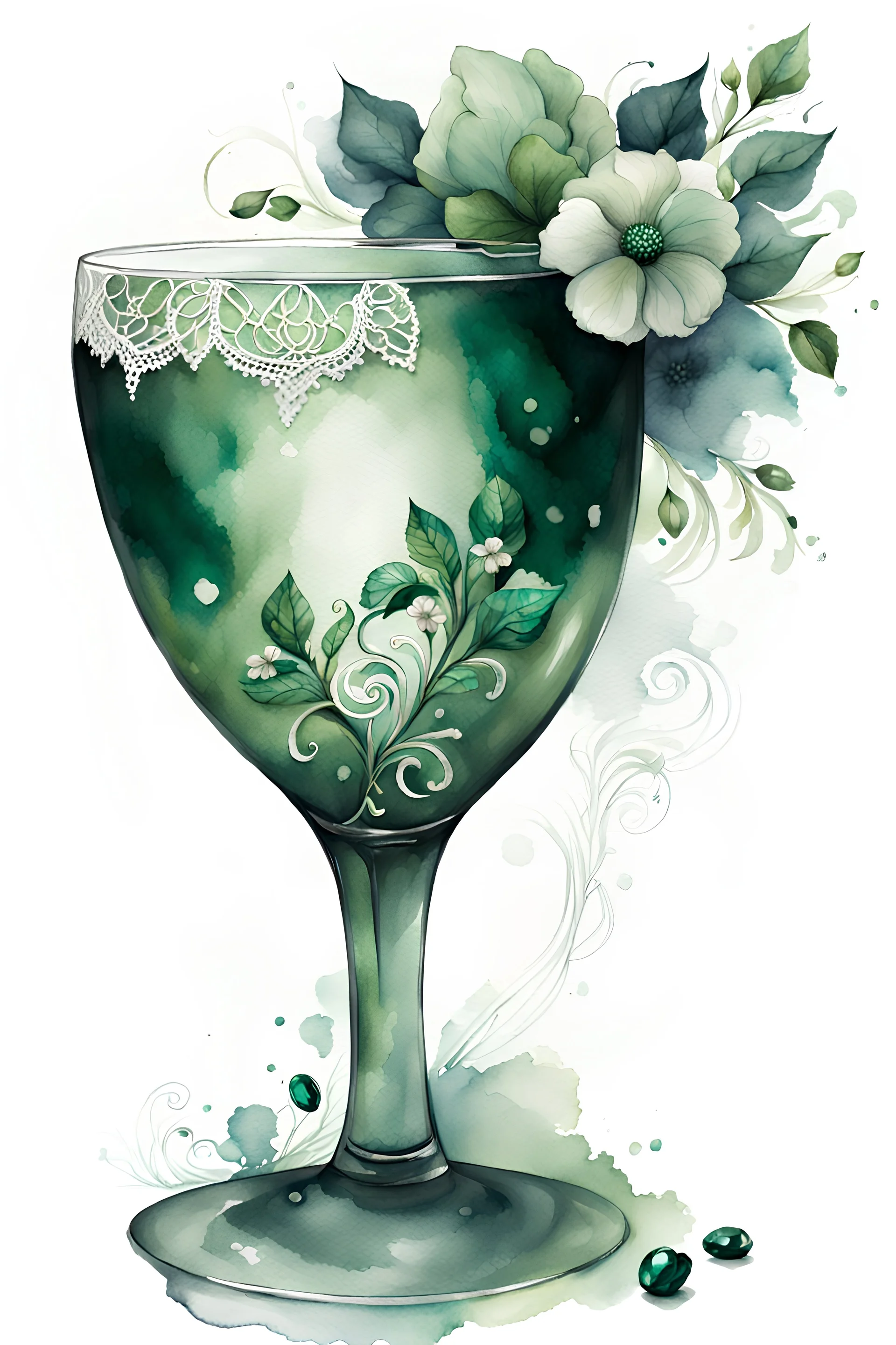 watercolor drawing of a dark green a wine glass with white lace and emeralds and flowers, on a white background, Trending on Artstation, {creative commons}, fanart, AIart, {Woolitize}, by Charlie Bowater, Illustration, Color Grading, Filmic, Nikon D750, Brenizer Method, Side-View, Perspective, Depth of Field, Field of View, F/2.8, Lens Flare, Tonal Colors, 8K, Full-HD, ProPhoto RGB, Perfectionism, Rim Lighting, Natural Lighting, Soft Lighting, Accent Lighting, Diffraction Grading, With Imperfe