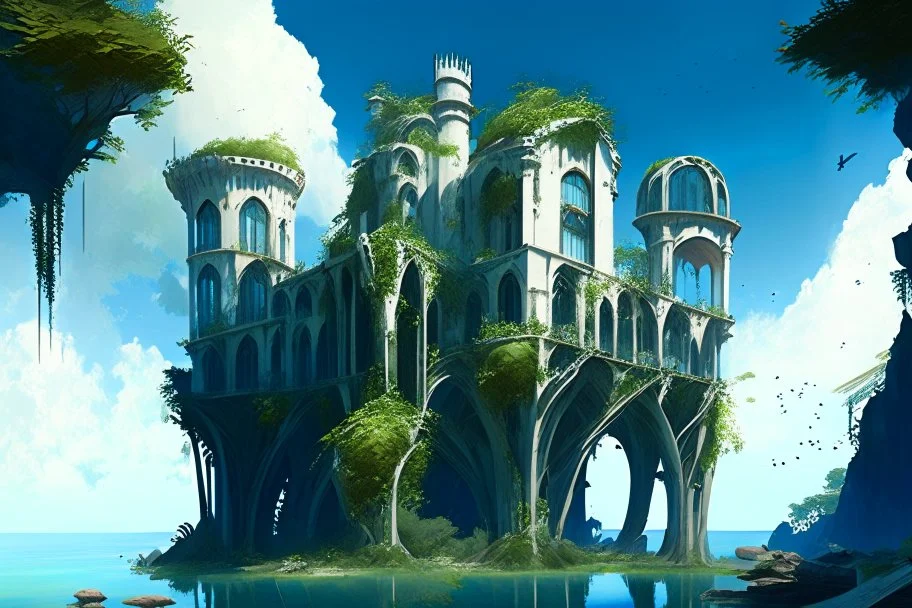 A futuristic ruined gothic building on an island floating over the sea with balconies, verandas, many arches, bridges, spires, paths, trees, dense foliage, spanish moss, ivy, blue sky, white clouds