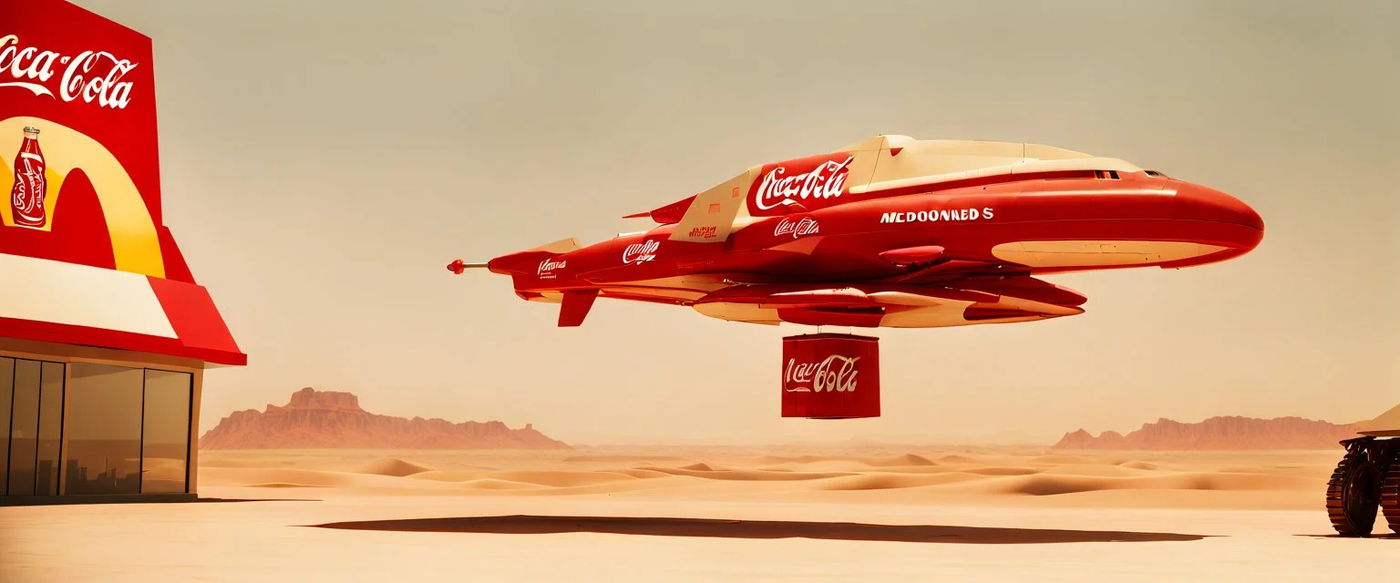 Coca-Cola Branded unmanned combat aerial vehicle flying over a Mcdonalds brand tank, middle east Desert, cinematic, Fuji Film, Anamorphic lens, 2040s, deep depth of field, in a Cyber punk WW3 film