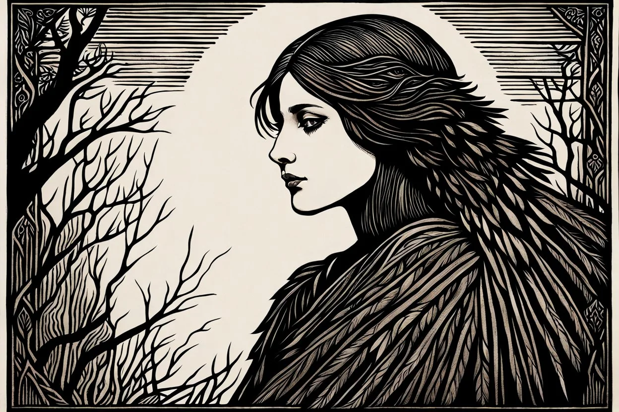 create a deeply powerful tragic, heart wrenching, evocative, and darkly magical woodcut of a raw and weathered raven maiden girl with highly detailed and deeply cut facial features, in the style of EDWARD BURNE-JONES, and KATHE KOLLWITZ , searing lines and forceful strokes