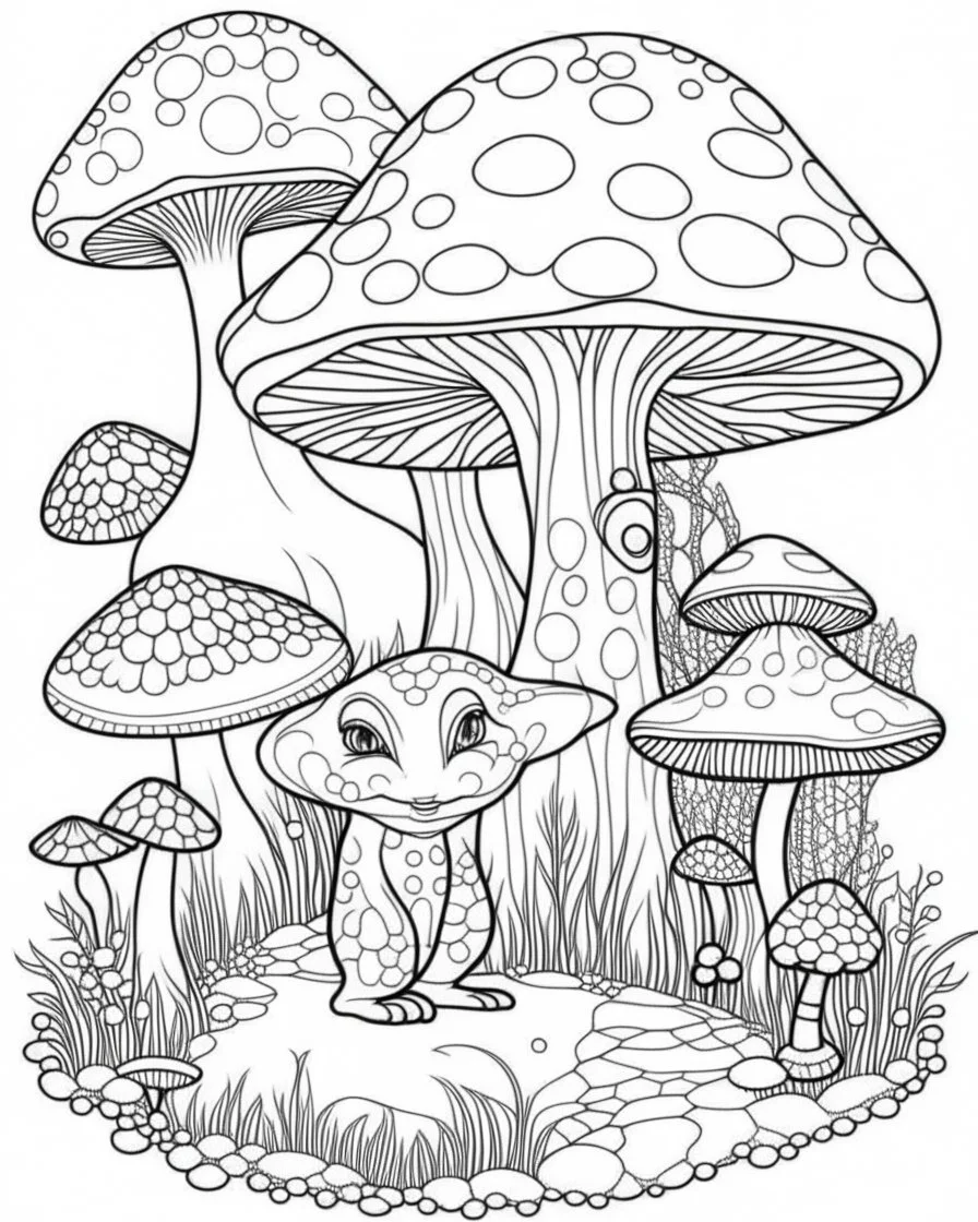 Coloring pages: Whimsical lion in A magical mushroom haven, complete with whimsical fairy houses and enchanting toadstools.