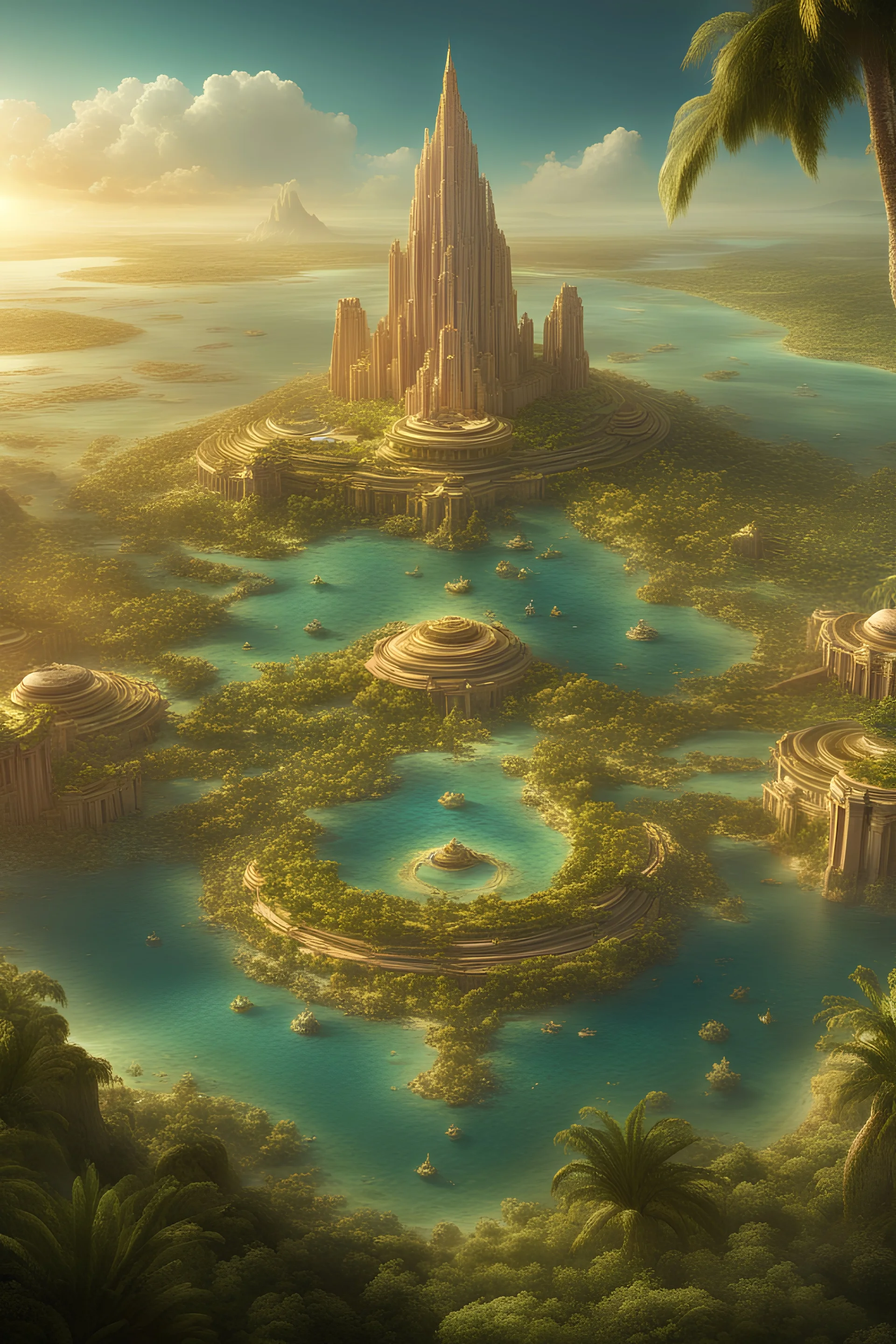 This 8K high-definition image depicts the scene of Atlantis. Rich architecture and vegetation adorn its surface, while iconic ring-shaped structures are distributed across the landscape, showcasing the prosperity of an advanced civilization. The interplay of light and shadow highlights intricate details, creating a mysterious and grandiose portrayal that invites contemplation of the splendor of this civilization. Bright rich colors and gold, grand in scale highly detailed