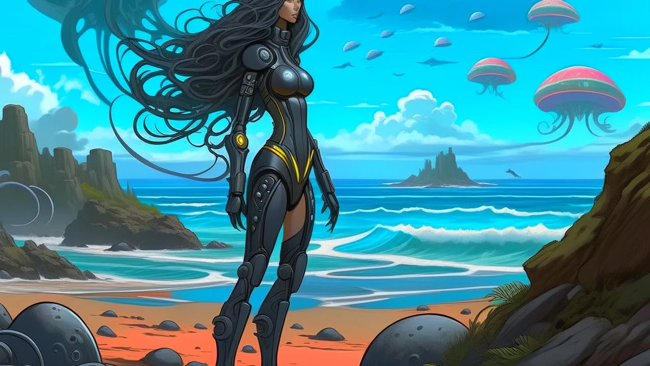 A long-haired woman in a robotic-looking catsuit standing on a beach of a rocky landscape with flying mushrooms with jellyfish tentacles and a crashed spaceship in the distance, with a forest beyond