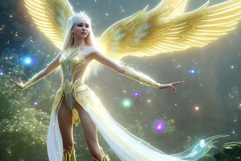  beautiful cosmic fairy, long hair, golden skin, nice smiling, transparent wings, magic glamour make up, delicate colors, beautiful glamour galactique dress, ultra sharp focus, 8k, unreal engine 5, extremely sharp detail, light effect, soft light atmosphere of a spaceship, smooth, full of details, face in front, complete vision of face and hair and body