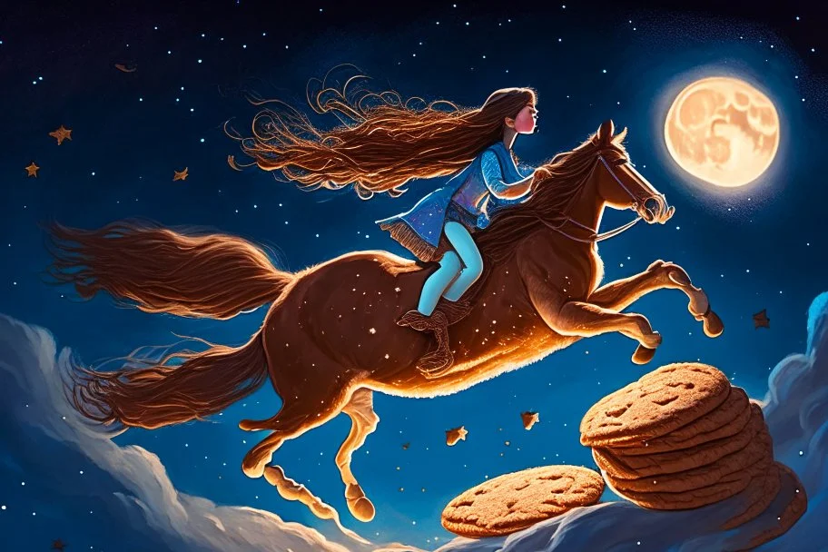 a long, brown-haired girl rides a horse dynamically across the night sky, leaping over a pile of different cookies. Shining moon, in starshine