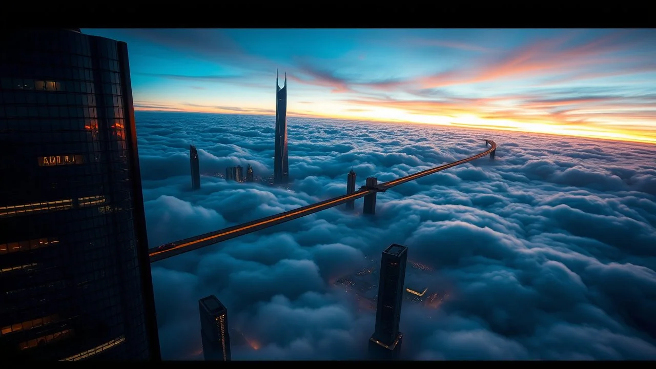 A city floating above the earth, high up in the clouds, sleek, futuristic skyscrapers pierce the sky, floating pathways connect the buildings, flying cars move through the air. The clouds below shift and change colour reflecting the vibrant city lights. Award-winning photograph, beautiful composition, very detailed, 80mm focal length, rule of thirds.