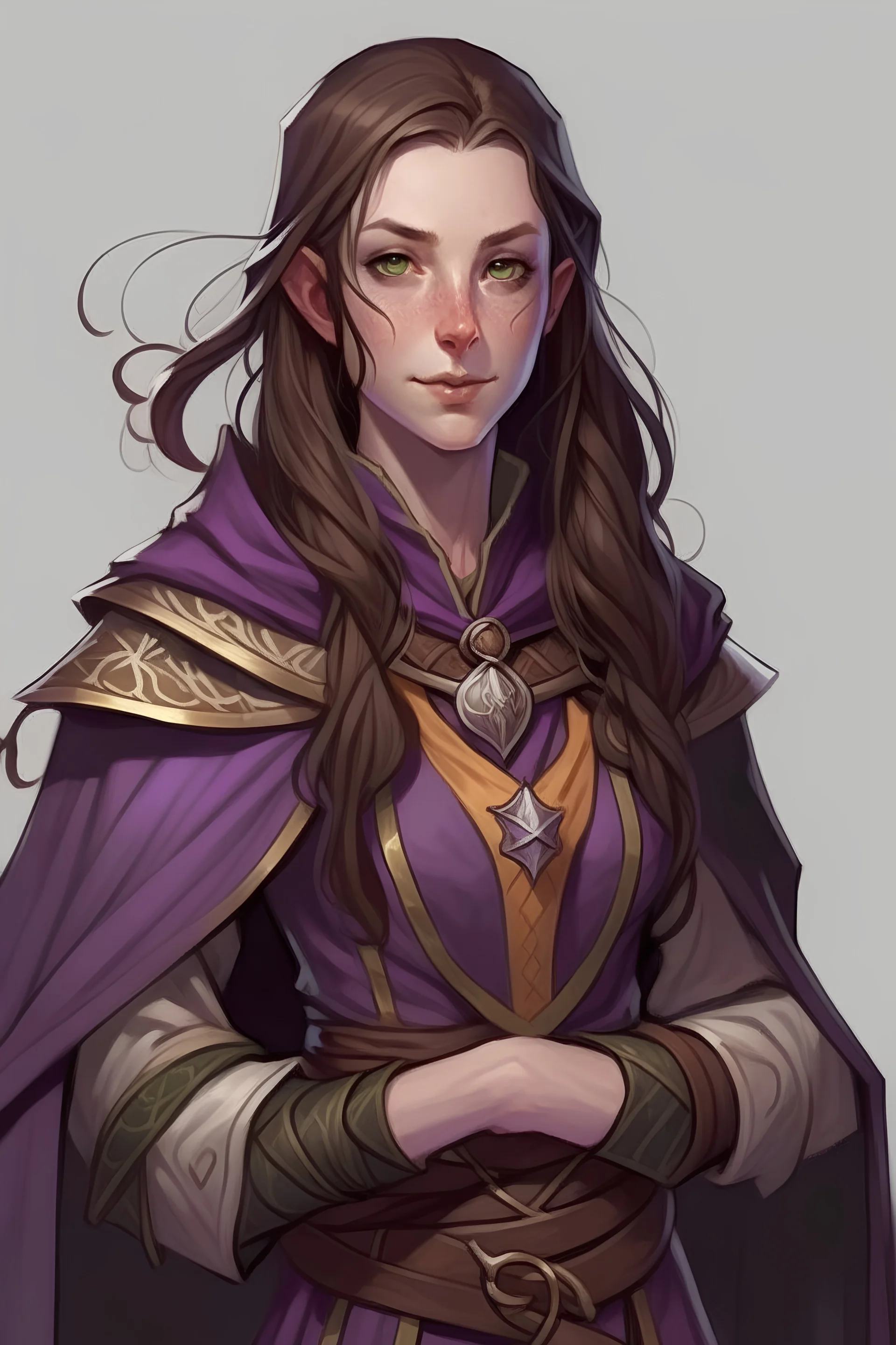 cahotic neutral charismatic Wood Elf Bard Female with pale skin and sharp features, long brown hair, wearing a purple vest and brown adventurer's cloak with a smirk.
