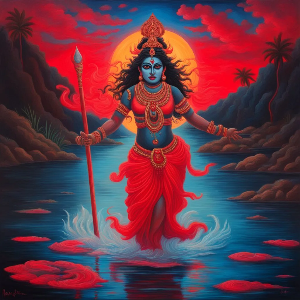 An oil painting of goddess Kali crossing a lake, neon red colors