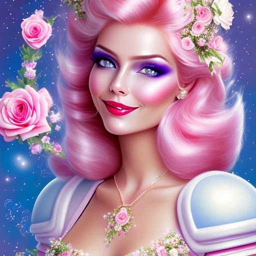 jolie femme galactique cosmonaute sourire avec longs cheveux rose pâle clair joli visage souriant et beau corps bien formé , beaux yeux bleus rieurs - grandes ailes roses , ciel bleu fleurs blanches et roses. robe en soie, jolies dents rieuses , jolis yeux rieurs , picture precise and hight quality 8k, 10k ambiance rose pÂle, combinaison de cosmonaute, bijoux