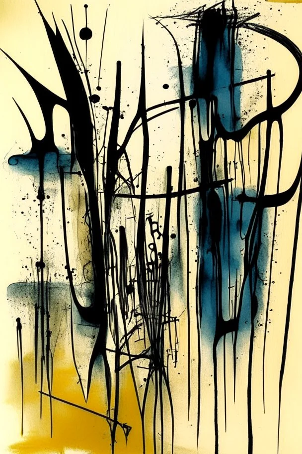Abstract wet watercolour, ink lines, Bernard buffet