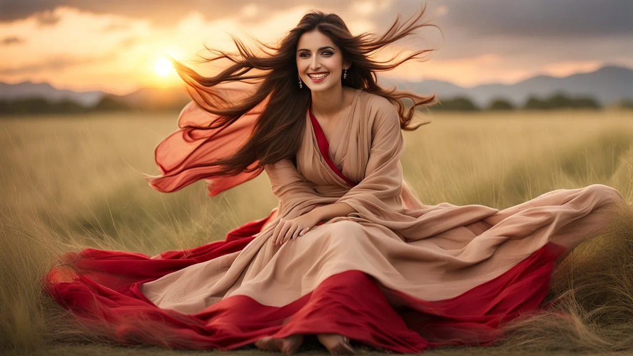 Hyper Realistic Photographic View Of a Young Beautiful Pashto Woman With Long Brown Hair & Beautiful Eyes Wearing Beige-Dress & Red Dupatta Smiling & Sitting On Long Grass Overlapping Her Dress & Her Hair Is Whirling With Cold Breeze At Cloudy Sunset Showing Dramatic & Cinematic Ambiance.