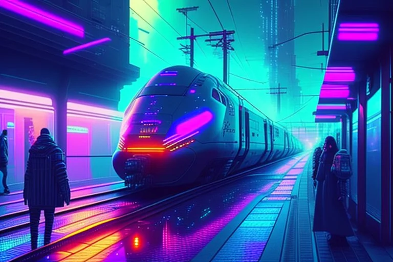 Cyberpunk street with holograms and train