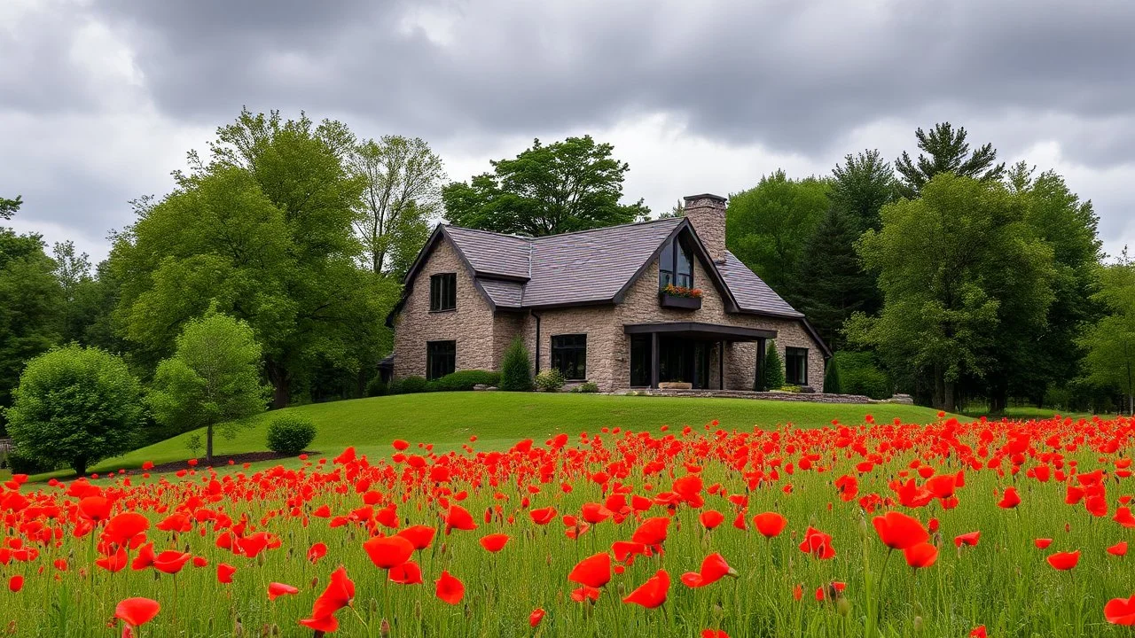 A modern stone house is surrounded by trees and a field of red poppies. The sky is cloudy and overcast.