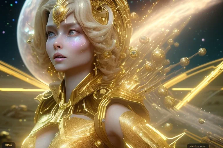  beautiful cosmic woman with golden skin, long hair, nice smiling, magic glamour make up, delicate colors, beautiful glamour galactique dress, ultra sharp focus, 8k, unreal engine 5, extremely sharp detail, light effect, soft light atmosphere of a spaceship, smooth, full of details, face in front, complete vision of face and hair and body