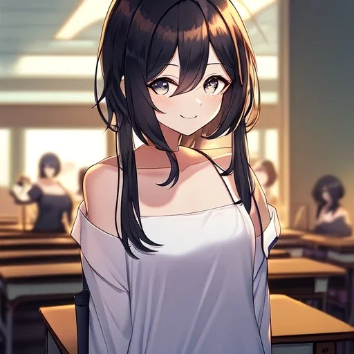 Clear focus, High resolution, a anime adult, cute, cartoony style, smiling, hair between eyes, holding a pencil, small forhead, female, medium length hair, long locks, lots of bangs, teacher, wearing a off shoulder shirt, no spaghetti straps