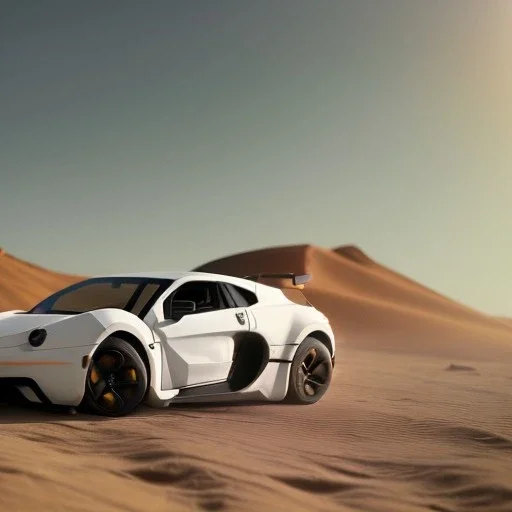 3d rendering. futuristic white black yellow red car. Buried in desert sand. Lost in Time, cinematic lighting