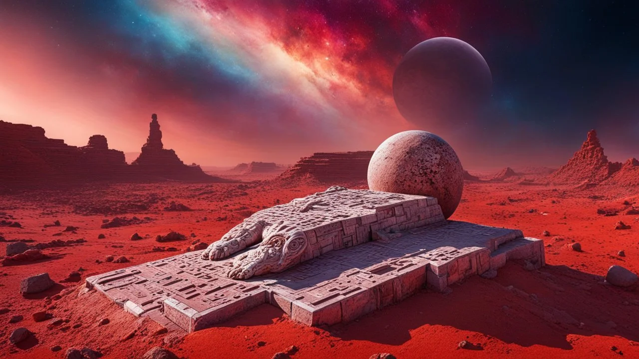 an ancient abstract nonfigurative statue from carved, polished marble blocks lies down on the red Mars planet, background ancient ruins, strange psychedelic sky, cold colors, mystic ancient art, very detailed, cinematic, sharp focus, sci-fi style, utopistic, surreal, psychedelic fantasy