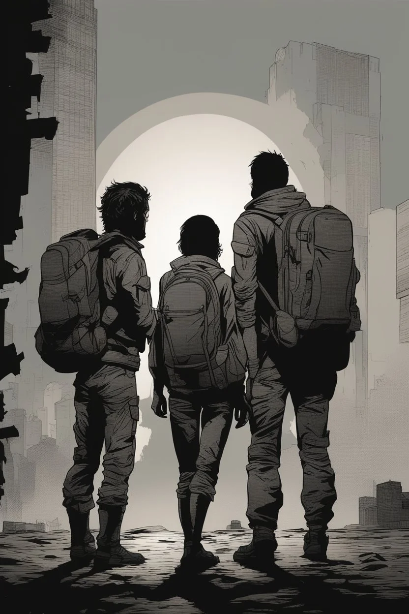 four persons, standing, silhouette, comic book,post-apocalypse, gray background, backpack,