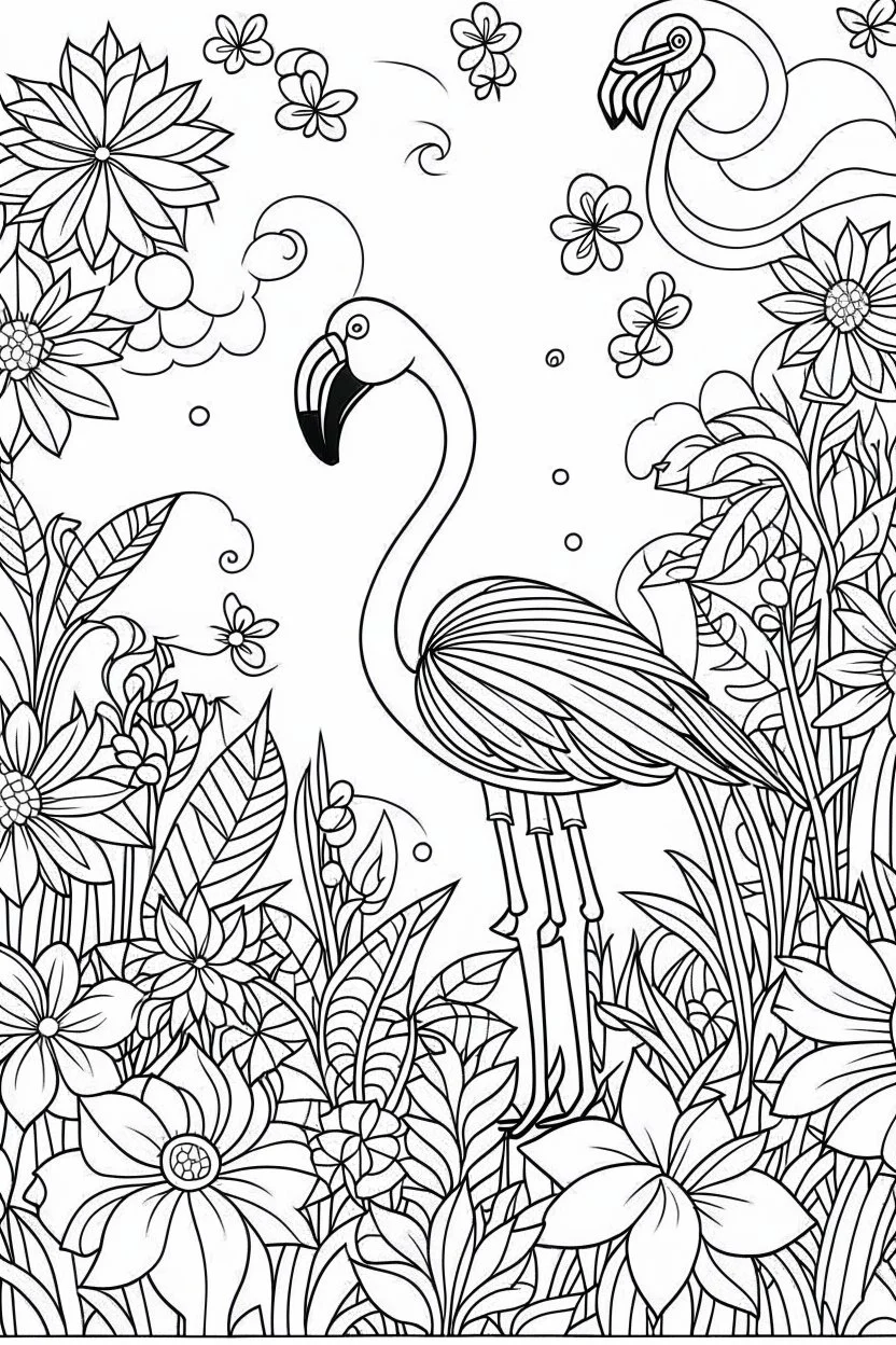 HAPPY NEW YEAR colouring page for kids,Flamingo stands tall in blooming flowers HAPPY NEW YEAR CELEBRATE, thick outline, low details, no shading, no colour