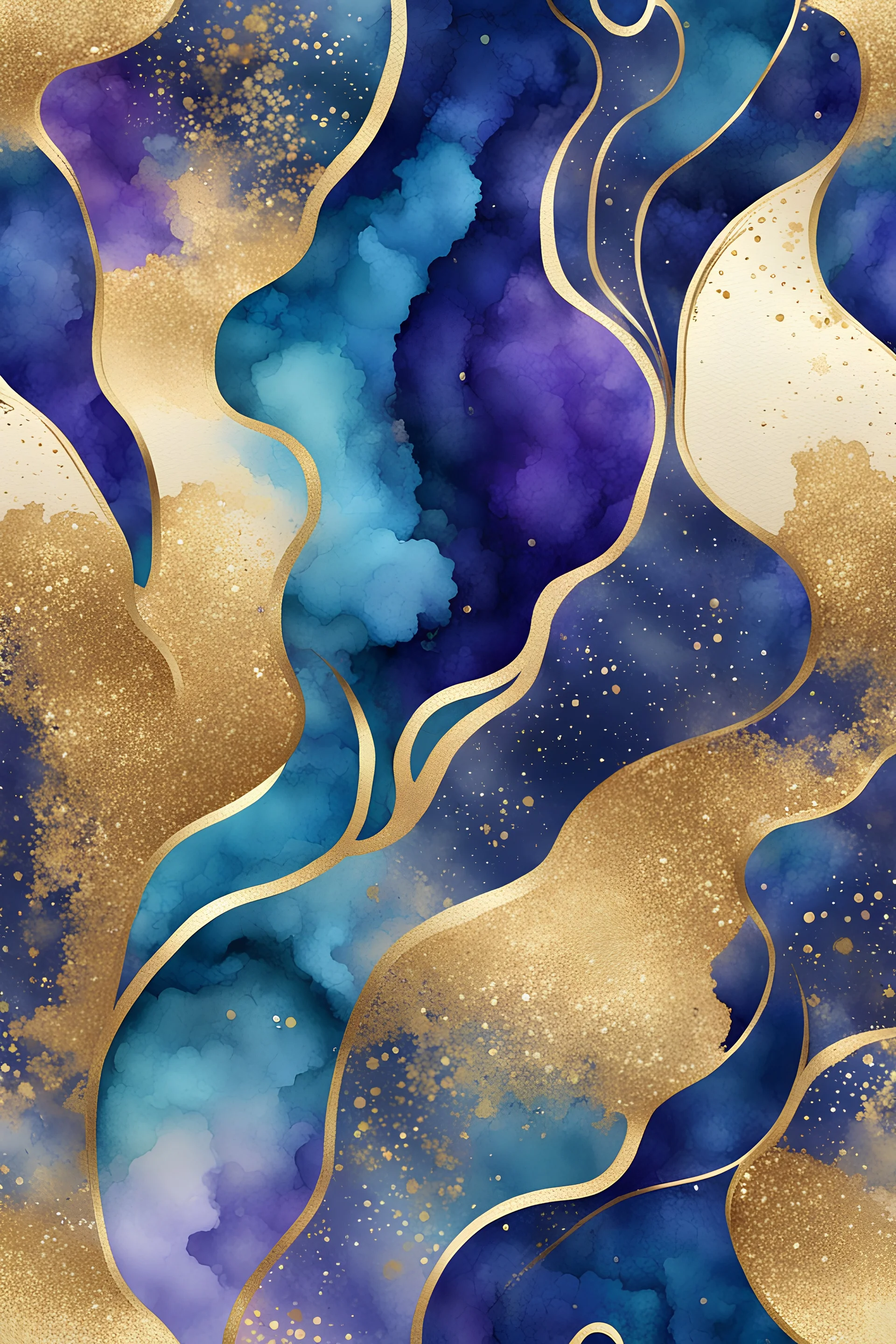 abstract golden glitter, dark blue, purple and turquoise watercolors with golden outlines