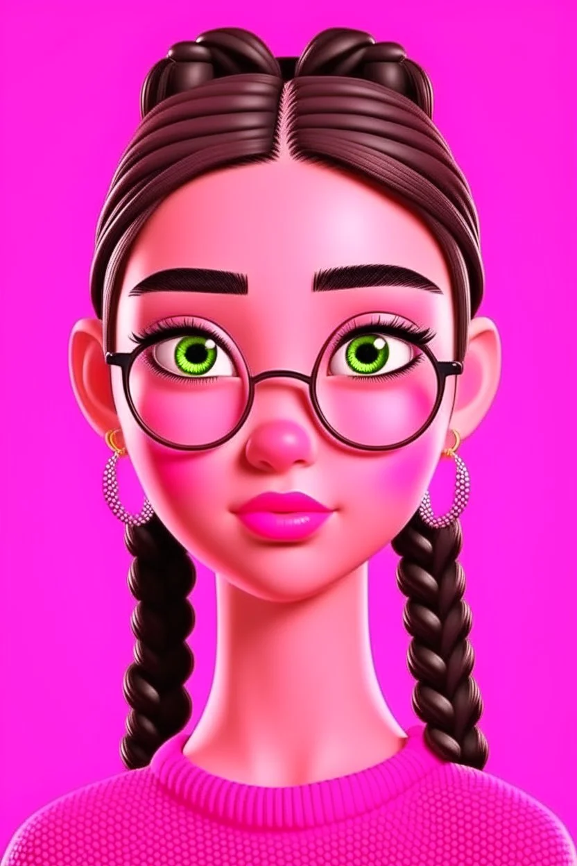 Very pretty girl animation behind a plain pink background with braided hair wearing glasses and earring