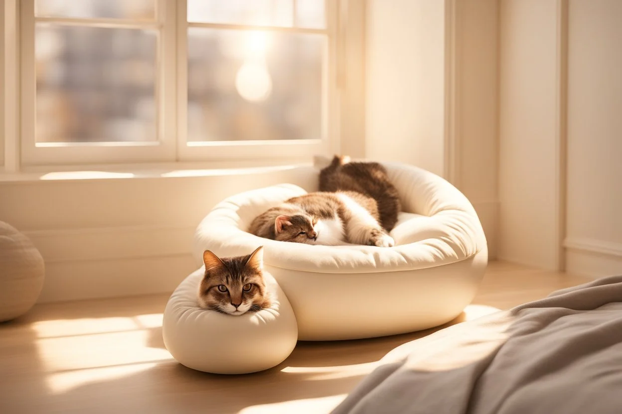 Lifelike cat-shaped bed with a cat lying on it in an elegant bedroom, bedside table, window, pictures on the walls in sunlight.