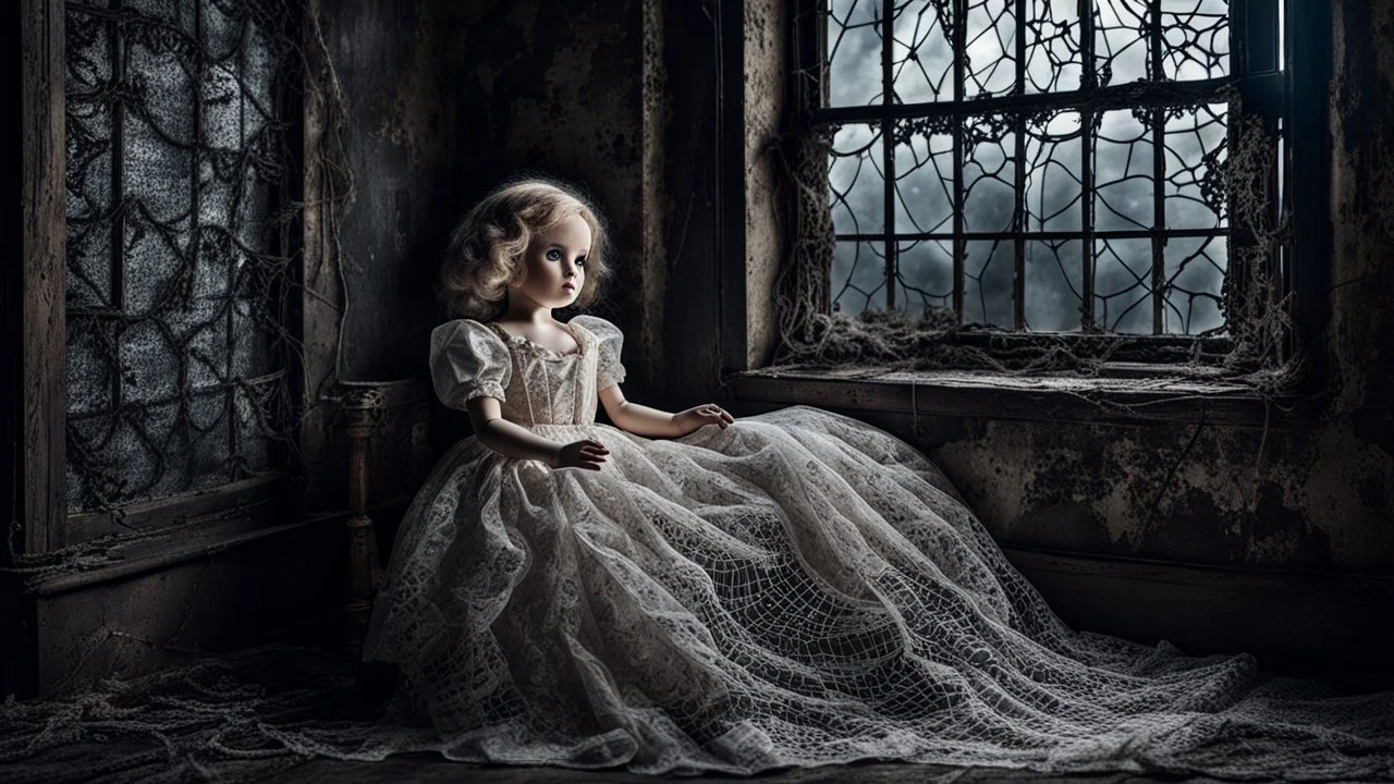 an old, dirty, worn (porcelain doll sitting in a beautiful lace dress) in a broken, dirty window, spiderweb, abandoned old room, dark surreal atmosphere, dull lights, dark colors sinister , surrealism, matte background