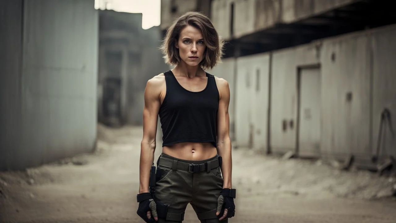 beautiful slender caucasian female technician with a knife, looking away from camera, black tank top, well toned muscles, weathered face, scratched sand camo metal details, short brunette wavy bob haircut, dystopian brutalist city scene