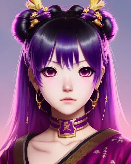 Detailed cute anime Kunoichi girl, purple hair buns, purple bangs, Christmas clothing, intricate details, full body portrait, keep head in frame, slight smile, black Japanese motif, concept art, highly detailed, digital painting, concept art, sharp focus, illustration, art by Yoji Shinkawa, WLOP and greg rutkowski and alphonse mucha and artgerm and yanjun Chen and Junji ito and Makoto Shinkai, HDR, octane render