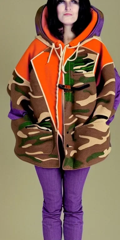 (orange,terracotta, cream and purple colored camouflage, printed on denim).Brunette woman in her 30's. thick thighs, thick calves, flat belly, wide hip. Mantle is sewed of recycled Denim and sewed together of camouflage pieces. . It is with big bright purple felt tippet and cream-colored-hood. mantle is merged with satchel. . AKG-style headphones (gold rings!) is merged with small felt cap with small visor. Style: Haute Couture in 1936, Paris fashion in 2023, inspired by street art. latex gaiter