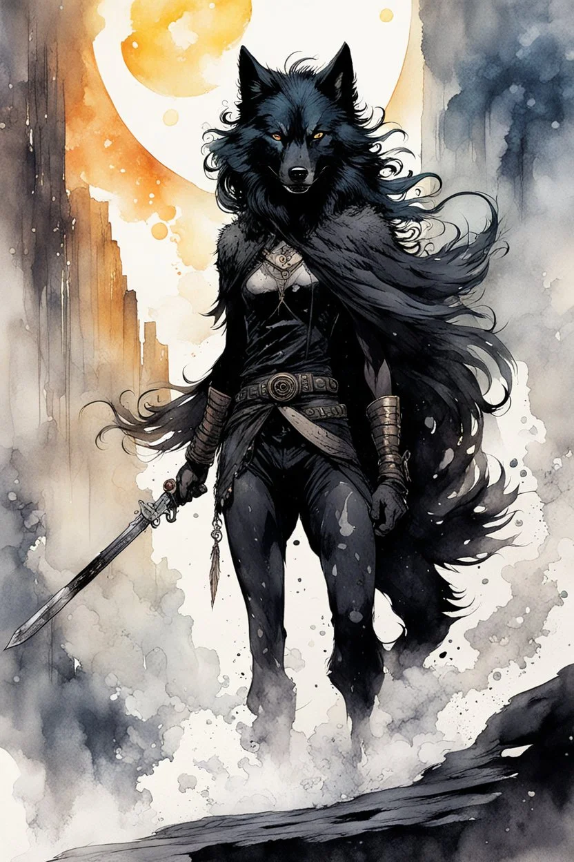 ink wash and watercolor full body concept illustration of an anthropomorphic, adventurous Black Wolf, underground resistance girl character with wildly flowing hair, ornately dressed with highly detailed feathers and facial features in the comic book style of Bill Sienkiewicz and Jean Giraud Moebius, with a fine art aesthetic, highly detailed , boldly inked, 4k UHD cinegraphic quality