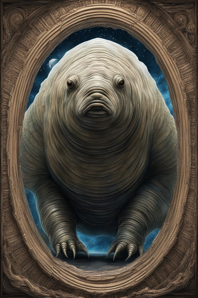 I must weave this creature into the tapestry of my narrative, making it both terrifying and intriguing, all while maintaining the style that sets me apart. The giant tardigrade glides through the starship's corridors, its microscopic origins magnified a thousandfold. Its segmented body glistens with an otherworldly sheen, its many legs propelling it forward with an eerie grace. Despite its size, it moves with a nimbleness that defies logic, slinking through the passageways like a predator in pur