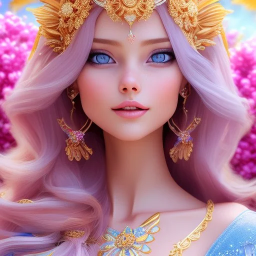 Beautyful smiling young woman, long hair amazing blue eyes, flowers, happy cosmic, bright colors, blue, pink, gold, jewels, realistic, photo real, clear sunny background, highly detailed, high contrast, 8k high definition, unreal engine 5, extremely sharp detail, light effect, sunny light background