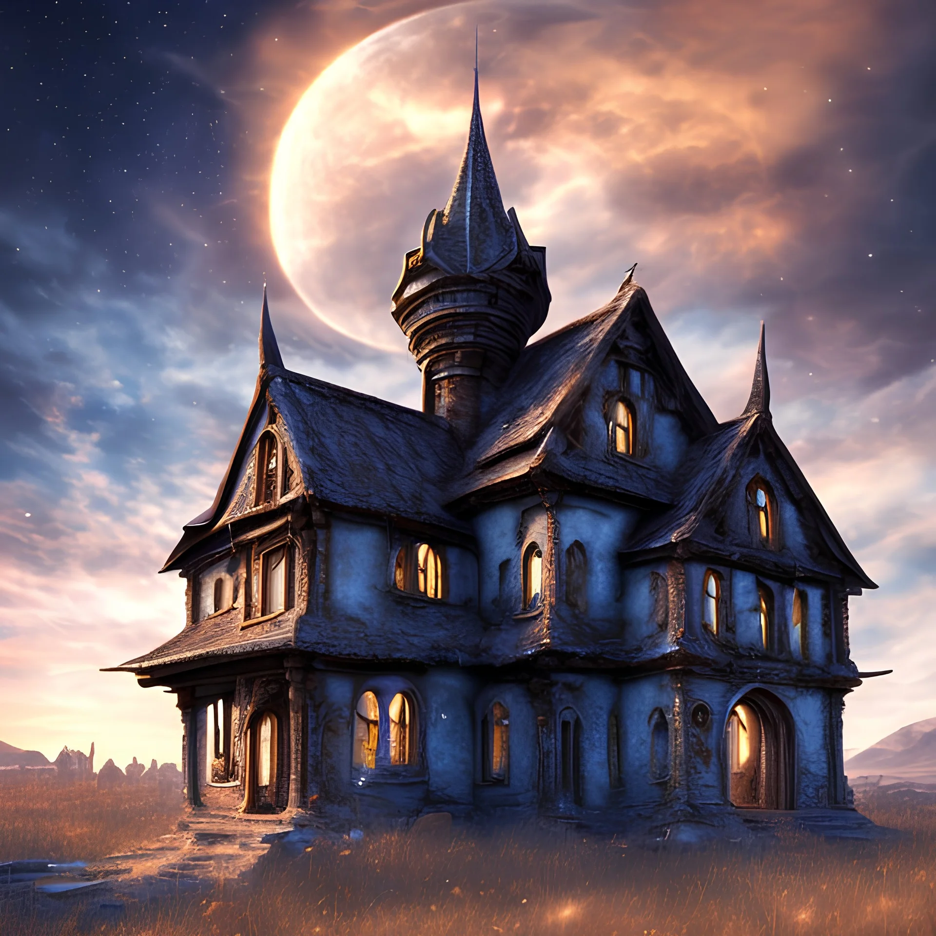 nightsky, blue, black, fields, abandoned buildings, ruins, cottage, gothic castle, metallic, gold, shiny,